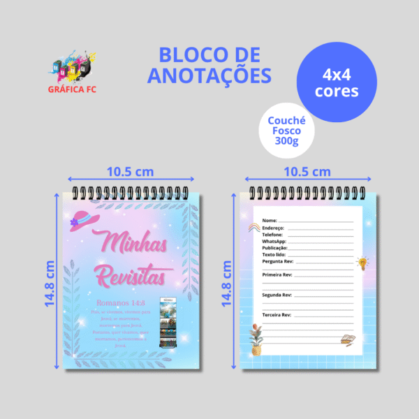 Bloco de Rascunho Minhas Revisitas com 50 Folhas Personalizadas - 105x148mm em Couché Fosco 300g - 4x4 - Laminação Fosca Frente e Verso - Bloco Personalizado 4x4 em Sulfite 75g - Wire-o Preto - Imagem 2