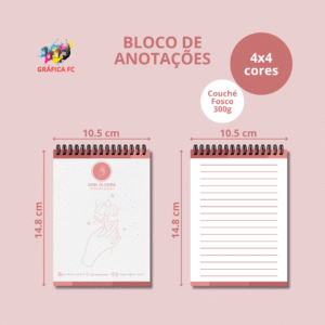 Bloco de Rascunho com 50 Folhas Personalizadas - 105x148mm em Couché Fosco 300g - 4x4 - Laminação Fosca Frente e Verso - Bloco Personalizado 4x4 em Sulfite 75g - Wire-o Preto