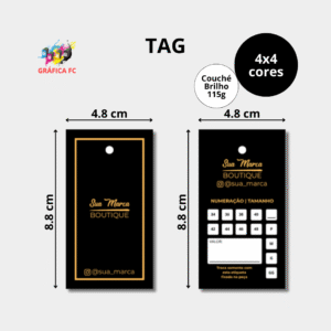 Tag Personalizada - 48x88mm em Couché Brilho 250g - 4x4 - Verniz Total Brilho Frente - Furo 4mm