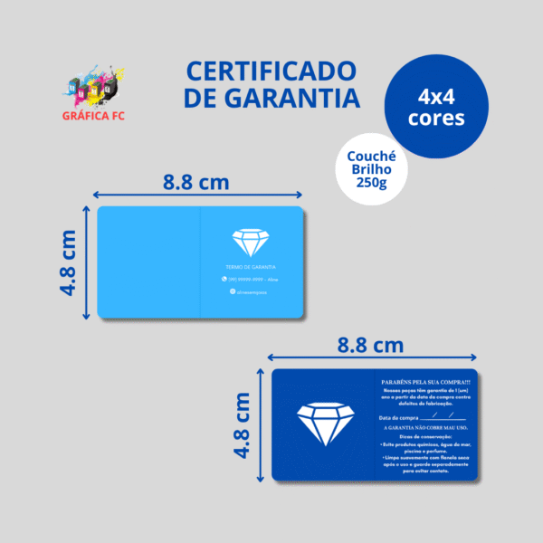 Certificado de Garantia Plus - 48x44mm em Couché Brilho 250g - 4x4 - Sem Enobrecimento - 4 Cantos Arredondados - 1 Vinco